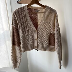 American Eagle Outfitters Cable Knit Cardigan in Cream and Brown